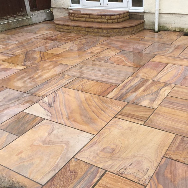 Sawn Rainbow Sandstone Paving; natural indian sandstone slab for back garden with stepping stones; marbled beige, cream and brown design