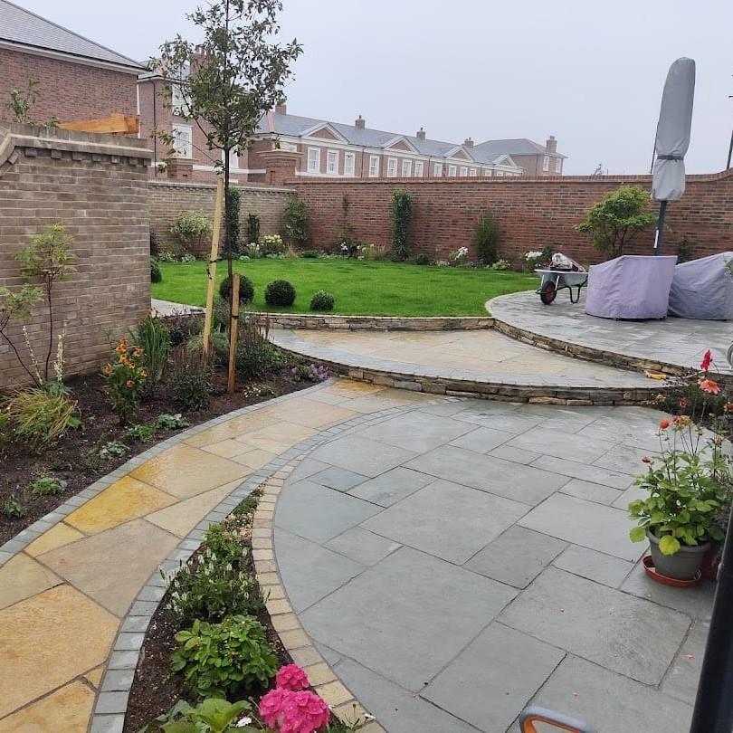 garden project with citron limestone and aqua blue limestone laid